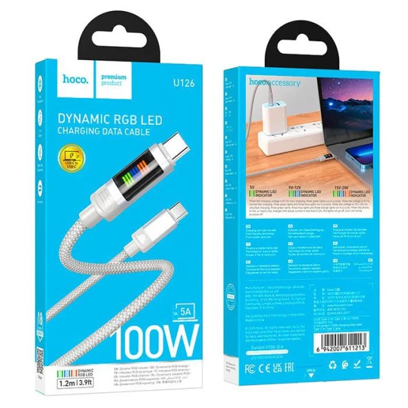 HOCO U126 Lantern 100W Type-C to Type-C Hızlı Data ve Şarj Kablosu Gri ürün görseli 1