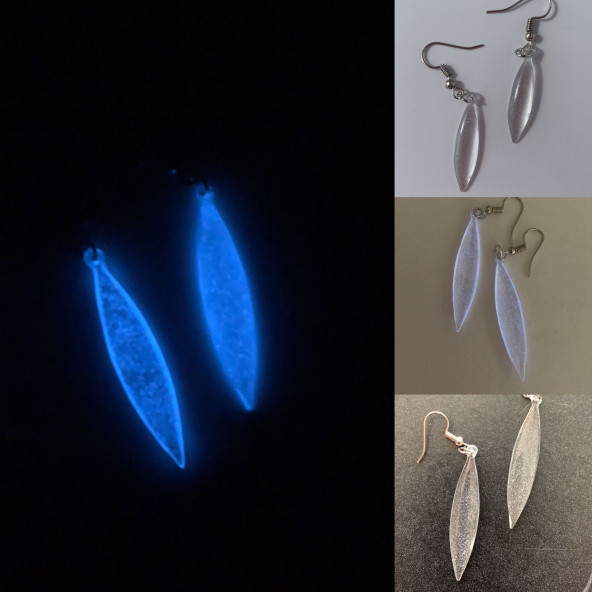 Şeffaf Renk Gece Mavi Neon Olan Gümüş Aksesuar Büyük Simetrik Şekil Sallantılı Epoksi Küpe Hediyelik ürün görseli 1