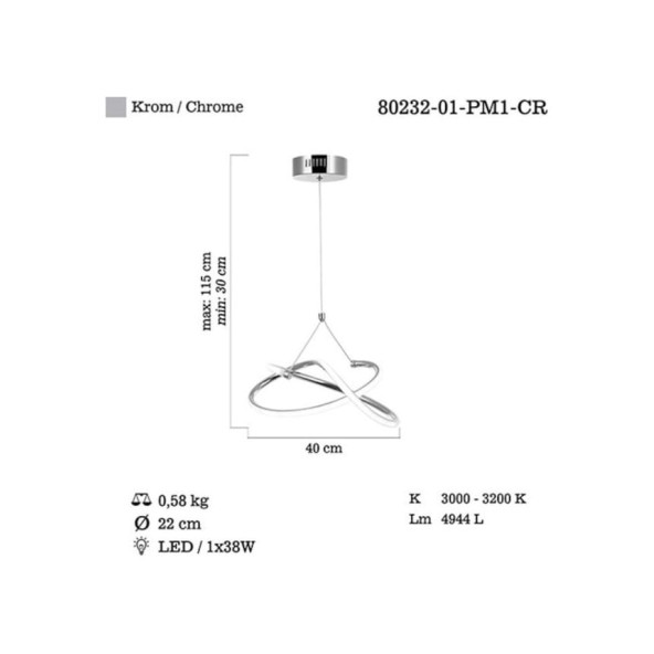 Lucea Belly K.Boy Ledli Tekli Sarkıt - Krom 38W - Resim 3