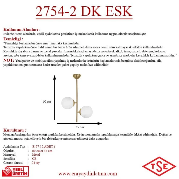 Eray Aydınlatma Opal Camlı 2li Eskitme Avize - Resim 3