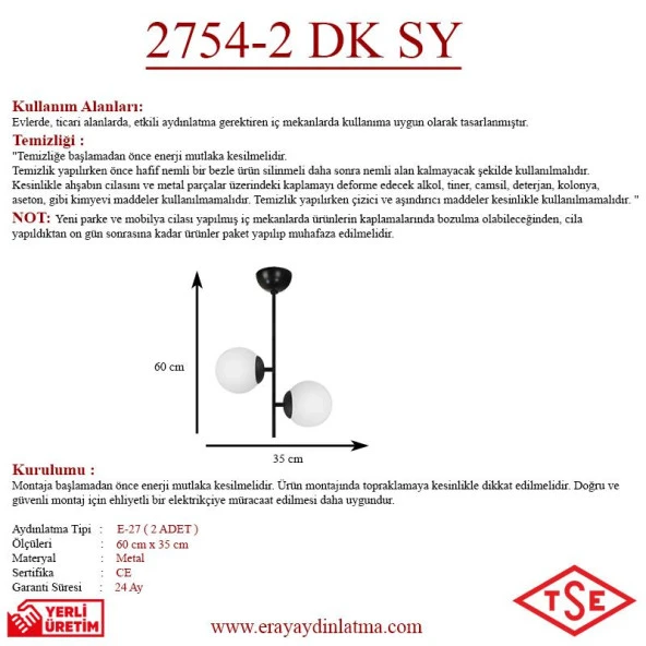Eray Aydınlatma Opal Camlı 2li Siyah Avize - Resim 3