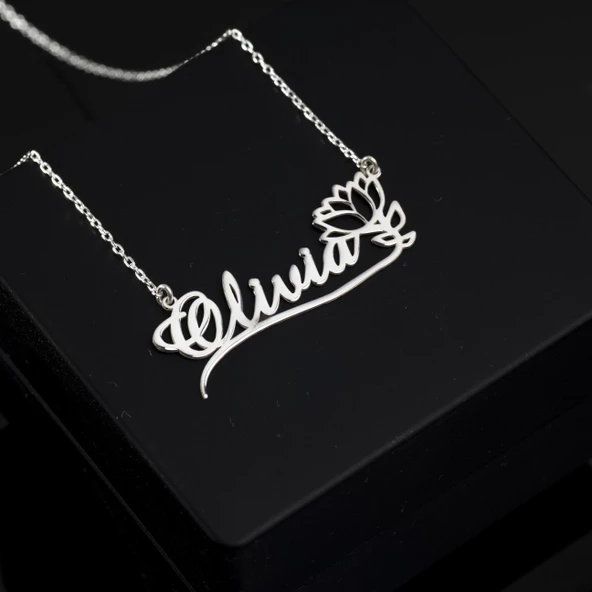 925 Ayar Gümüş Lotus Çiçeği İsim Kolye Özel Tasarım ürün görseli 1