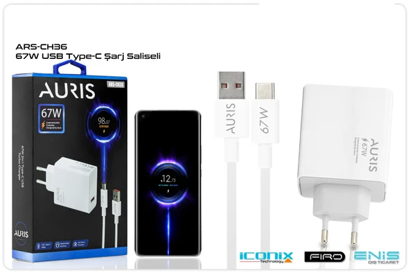 Auris CH36 67W Usb Adaptörlü Saliseli Turbo Hızlı Şarj Type-C Usb Şarj Seti ürün görseli 1