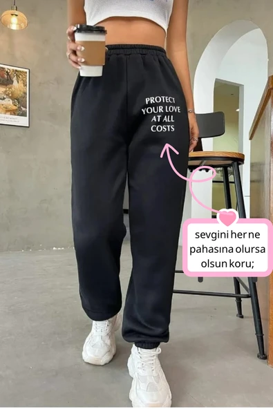 Kadın Siyah Penye Yazlık Jogger Spor Eşofman Alt Baskı Detaylı ürün görseli 1