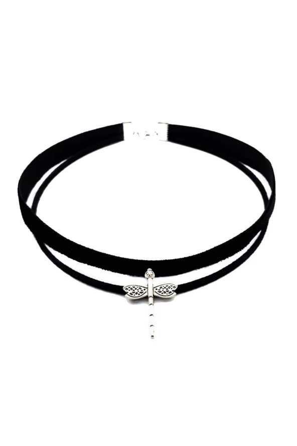 Gümüş Renk Yusufcuk Siyah Kadife -süet Kadın Choker Tasma Kolye ürün görseli 1