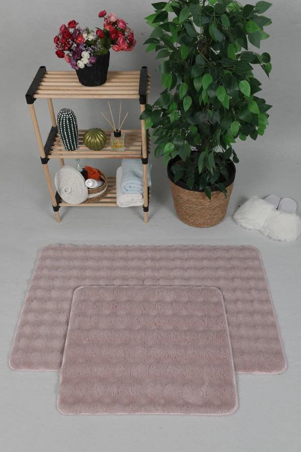 Modern Bubble Yıkanabilir Kaymaz Peluş Banyo Paspası Halısı 2'li Klozet Takımı 60x100-50x60cm Pembe ürün görseli 1