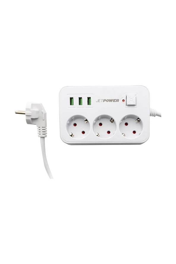 Jettpower 0370 Akım Korumalı 3 Usb'li 3'lü Grup Priz 2 M Uzatma Kablosu Beyaz ürün görseli 1