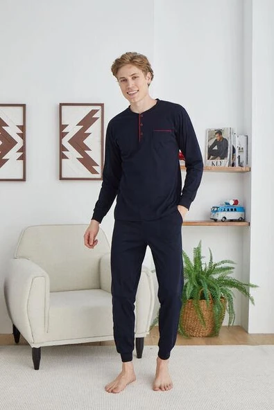 KLY Erkek Midi Yaka Uzun Kollu Pijama Takımı ürün görseli 1