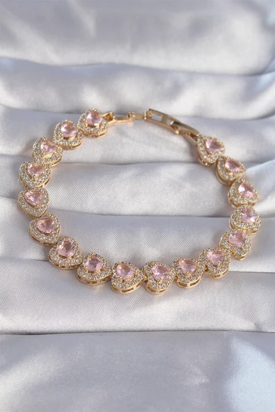 Vip Seri Pirinç Gold Renk Pembe Zirkon Taşlı Kalp Tasarımlı Bileklik TJ-BB6127 ürün görseli 1