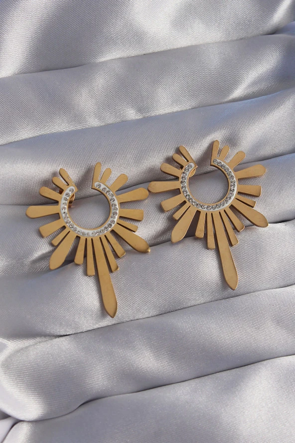 316L Çelik Gold Renk Zirkon Taşlı Güneş Figürlü Küpe - EBJ270706W25179 ürün görseli 1