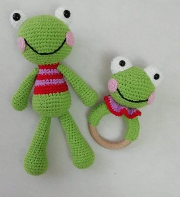 Sevimli Kurbağa ve Çıngırak Set Amigurumi Organik Oyuncak ürün görseli 1