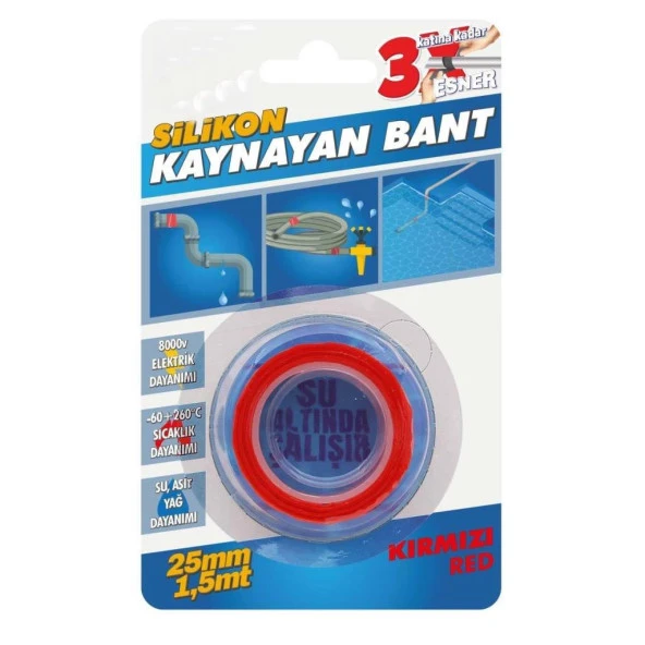 Silikon Kaynayan Çok amaçlı Bant Boru patlak Bandı 3Katına Kadar Esner Su Altında Uygulanabilir 25x1,5Mt-Kırmızı ürün görseli 1