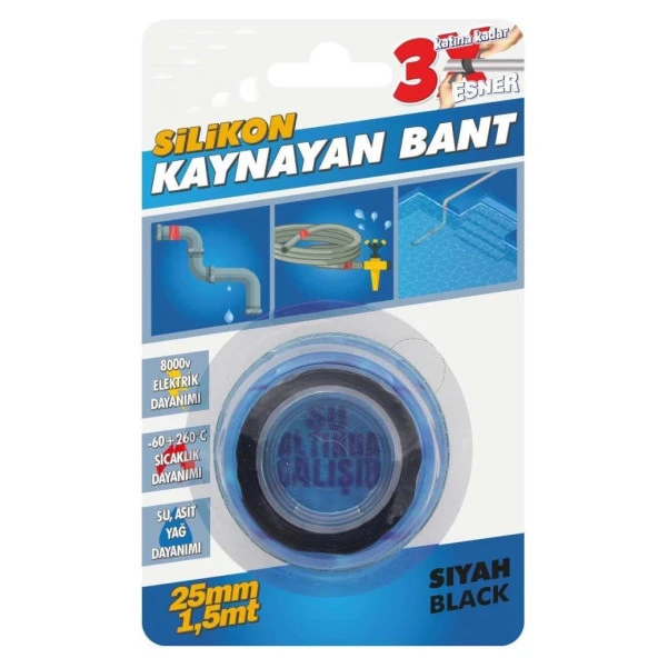 Silikon Kaynayan Çok amaçlı Bant Boru patlak Bandı 3Katına Kadar Esner Su Altında Uygulanabilir 25x1,5Mt-Siyah ürün görseli 1