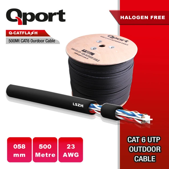 QPORT CAT6 Utp 23AWG 500m Outdoor Makaralı LSZH Kablo Q-CATFLASH ürün görseli 1