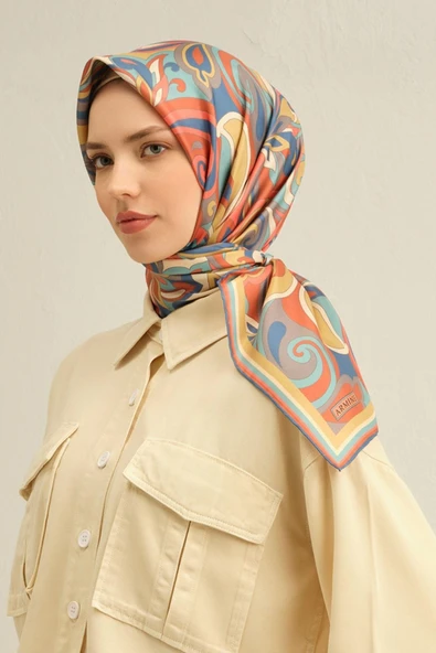 Armine Sura İpek Eşarp 9323-S02 Mavi, Kiremit, Hardal ürün görseli 1
