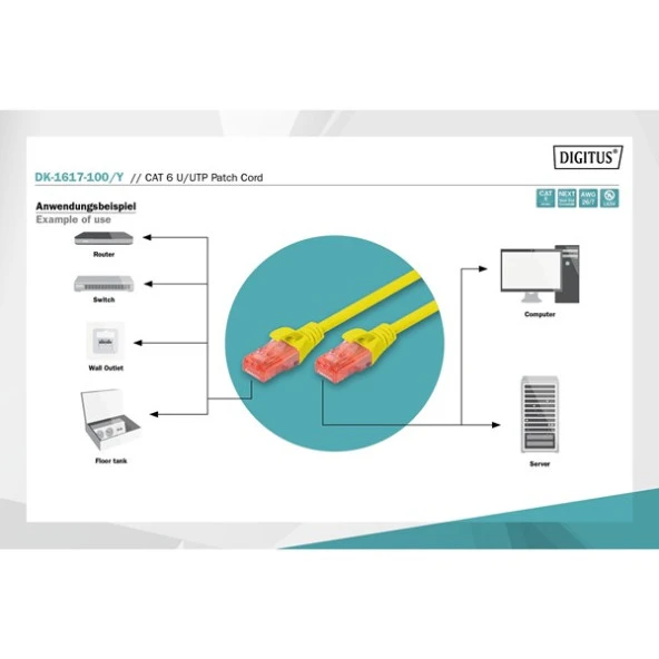 DIGITUS 10m CAT6 Utp DK-1617-100/Y Sarı Patch Kablo - Resim 2