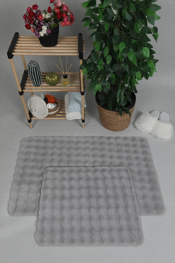 Modern Bubble Yıkanabilir Kaymaz Peluş Banyo Paspası Halısı 2'li Klozet Takımı 60x100-50x60cm Gri ürün görseli 1