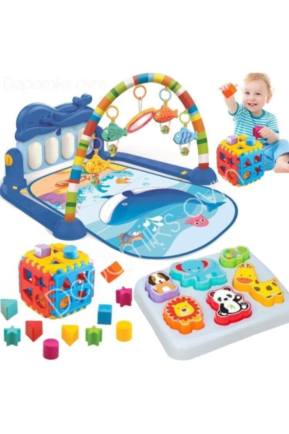 Piyanolu Bebek Oyun Halısı Aynalı Müzikli Işıklı + 3d Hayvanlar Bultak + Kare Bultak Eğitici Set ürün görseli 1