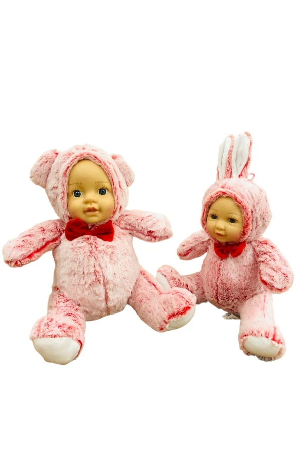 Bebek Yüzlü Peluş Ayı 60 cm ve Bebek Yüzlü 45 Cm Peluş Tavşan Kırmızı ürün görseli 1