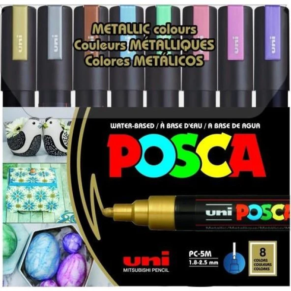 Uni-Ball POSCA 1.8-2.5 Su Bazlı Poster Markörü Metalik Renk 8'Li Pc-5M/8c Sc Set ürün görseli 1