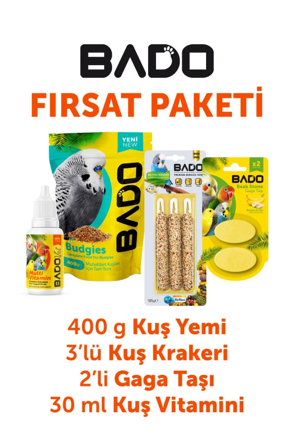 Bado Kuş Tanışma Paketi 4lü(Yem+Vitamin+Kraker+Gaga Taşı) ürün görseli 1