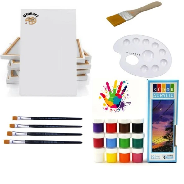 12 renk akrilik boya seti 25x35 tuval ipek fırça seti 12x20 ml ürün görseli 1