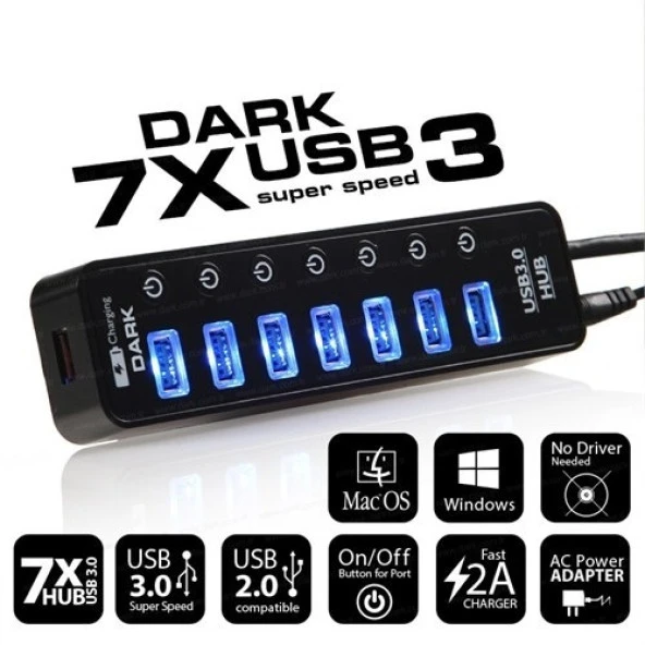 DARK DK-AC-USB371 7port USB 3.0 Siyah USB Çoklayıcı Hub Anahtarlı ürün görseli 1