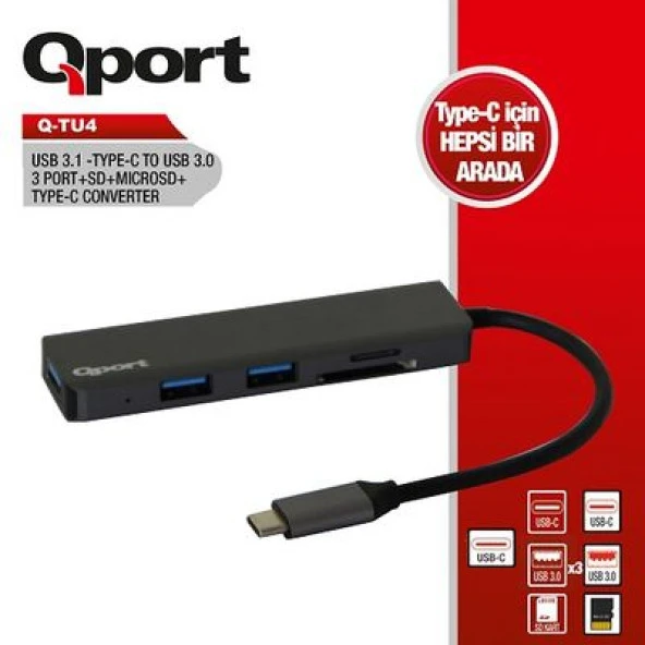 QPORT Q-TU4 3port Type-C & USB 3.0 Kart Okuyucu Siyah USB Çoklayıcı Hub ürün görseli 1