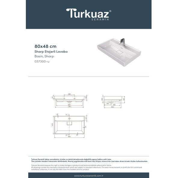 Cerastyle Turkuaz Sharp Etajerli Lavabo 80x48 Cm - Resim 6