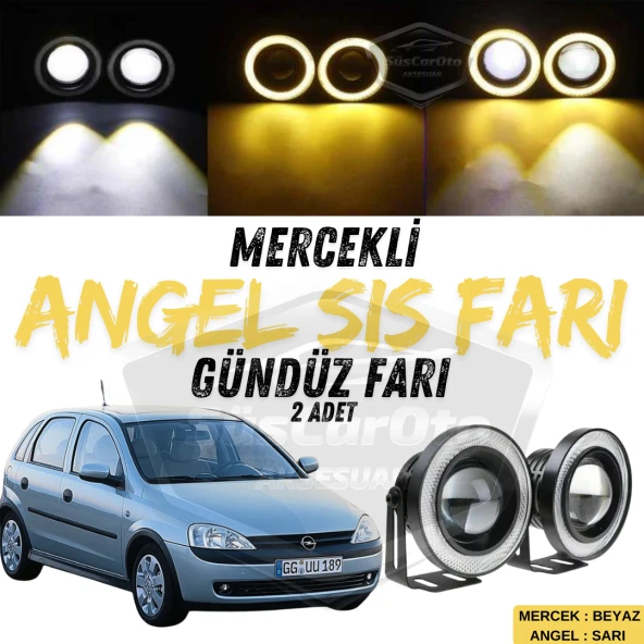 Opel Corsa C 2000-2006 Uyumlu Üniversal Mercekli Angel Sis Farı Metal Su Geçirmez 76 mm Sarı Halkalı Gündüz Farı Angel Eyes 2 Adet ürün görseli 1