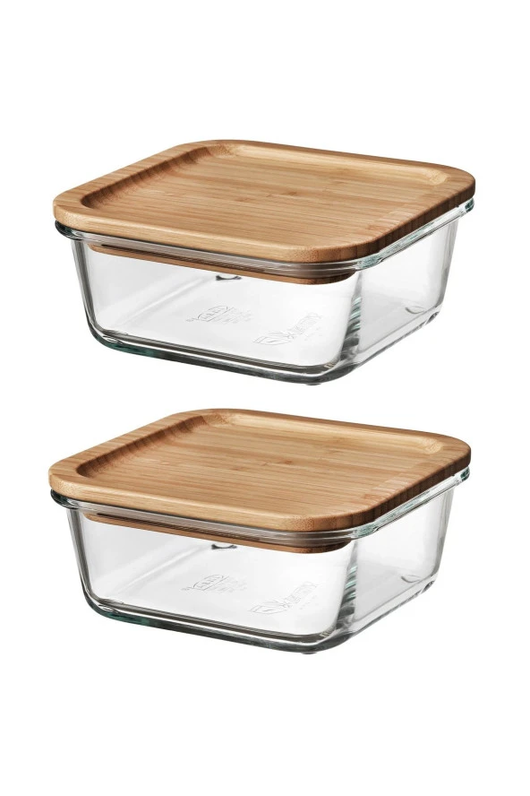 2 Adet Bambu Kapaklı Cam Saklama Kabı Kare Kase 15 cm 600 ml ürün görseli 1