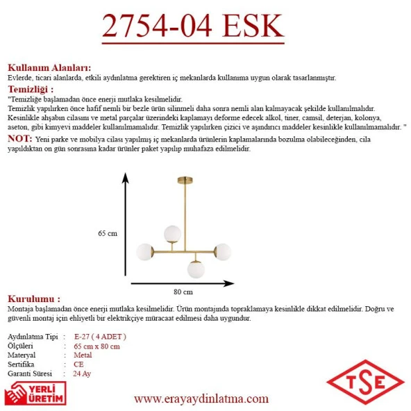 Eray Aydınlatma Opal Camlı 4lü Eskitme Avize - Resim 4