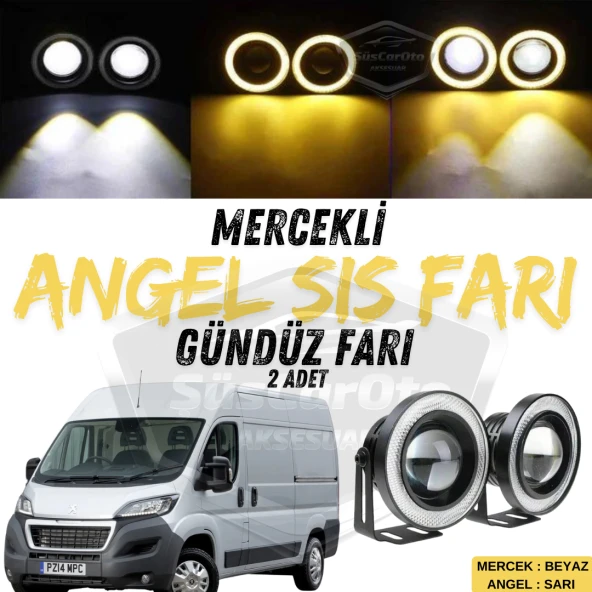Peugeot Boxer Uyumlu Üniversal Mercekli Angel Sis Farı Metal Su Geçirmez 76 mm Sarı Halkalı Gündüz Farı Angel Eyes 2 Adet ürün görseli 1