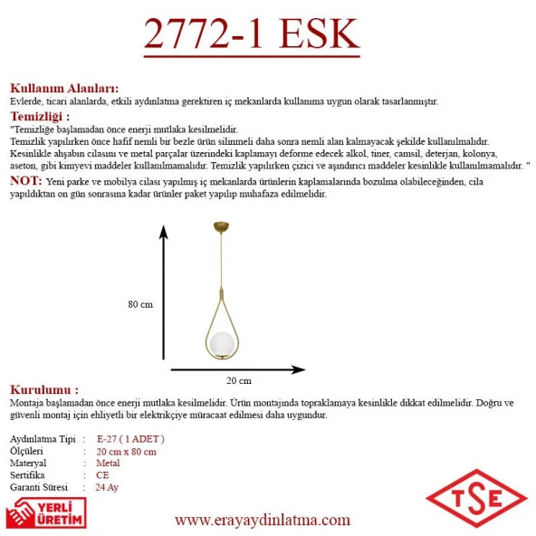 Eray Aydınlatma Opal Camlı Tekli Eskitme Avize - Resim 3