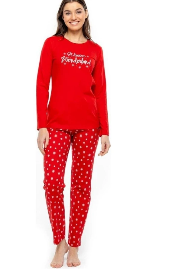 Mod Kadın Kırmızı Uzun Kol Pijama Takım 3968 ürün görseli 1