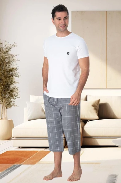 Mecit 2913 Gri Ekoseli Erkek Büyük Beden Kapri Pijama Takımı ürün görseli 1