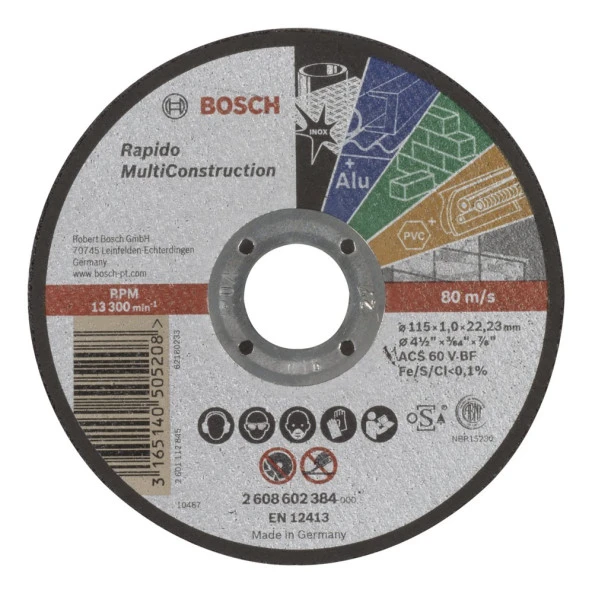 Bosch - 115*1,0 mm Çoklu Malzemelerde Kullanım İçin Düz Kesme Diski (Taş) ürün görseli 1