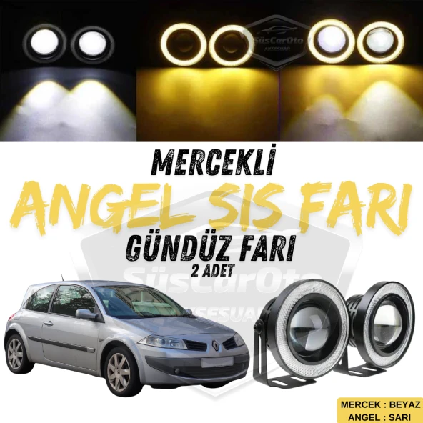 Renault Megane 2 2003-2008 Uyumlu Üniversal Mercekli Angel Sis Farı Metal Su Geçirmez 76 mm Sarı Halkalı Gündüz Farı Angel Eyes 2 Adet ürün görseli 1
