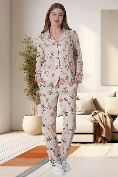 Mecit 6023 Pudra Büyük Beden Boydan Düğmeli Kadın Pijama Takımı ürün görseli 1