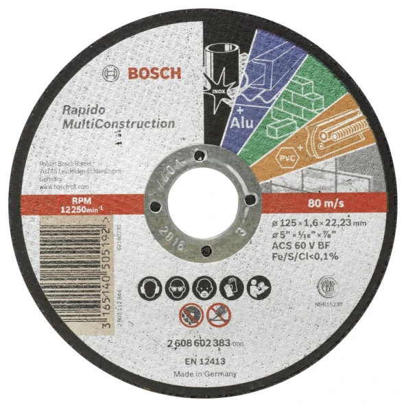 Bosch - 125*1,6 mm Çoklu Malzemelerde Kullanım İçin Düz Kesme Diski (Taş) ürün görseli 1