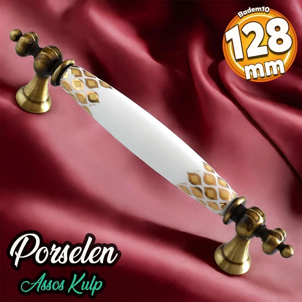 Assos Gerçek Porselen Eskitme Antik Sarı Beyaz 128 mm Mobilya Mutfak Dolap Kulpu Kulbu Kulpları ürün görseli 1