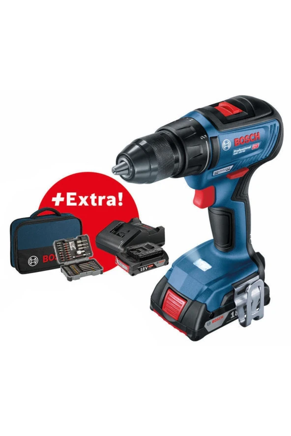 Bosch GSR 18V-50 Delme/vidalama Makinesi + 2x 2,0 Ah Çift Akü + 43 Parça Set + Alet Çantası ürün görseli 1
