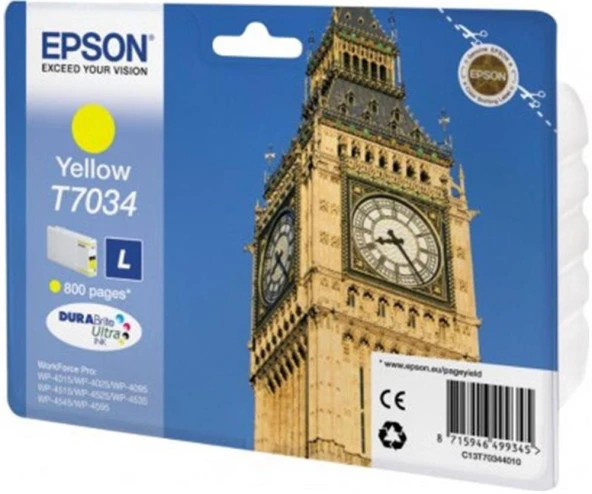 Epson T7034 Yellow Sarı 800 Sayfa Mürekkep Kartuş T70344010 ürün görseli 1