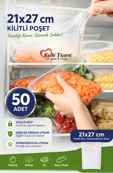 Kilitli Torba 21x27 Cm 50'li Kilitli Buzdolabı Poşeti Şeffaf Naylon Torba Kilitli Saklama Poşeti ürün görseli 1