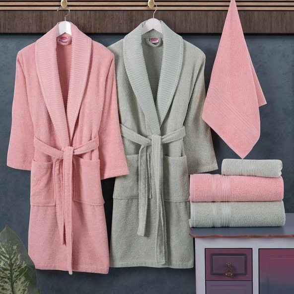 Hobby Casual %100 Saf Pamuk Aile Bornoz Seti-Pembe Su Yeşili ürün görseli 1