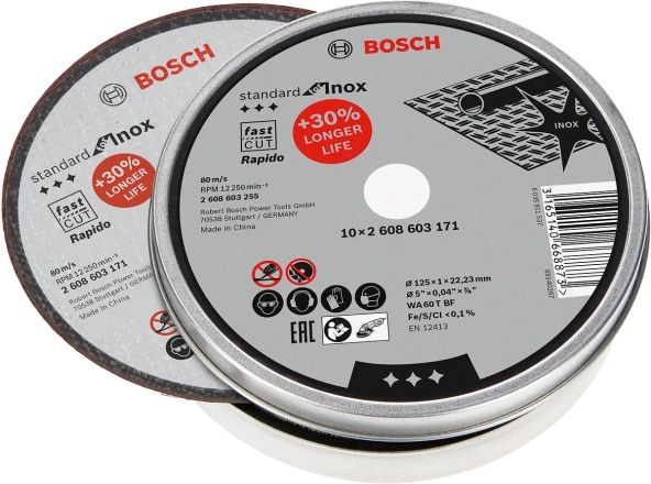 Bosch - 125*1,0mm Standard Seri Düz Inox (Paslanmaz Çelik) Kesme Diski (Taş) - Rapido 10'lu ürün görseli 1