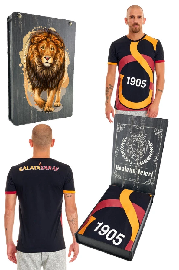Galatasaray Orijinal Lisanslı Unisex Siyah Arma T-Shirt Gs Aslan Baskılı Hediyelik Ahşap Kutulu ürün görseli 1