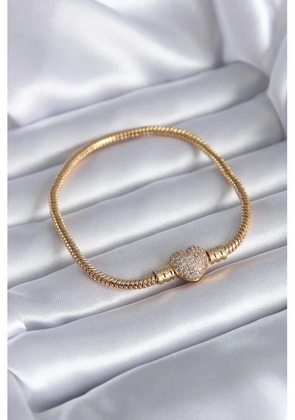 Findit Gold Renk Pirinç Charm Zirkon Taşlı Kalp Model  Kadın Bileklik ürün görseli 1