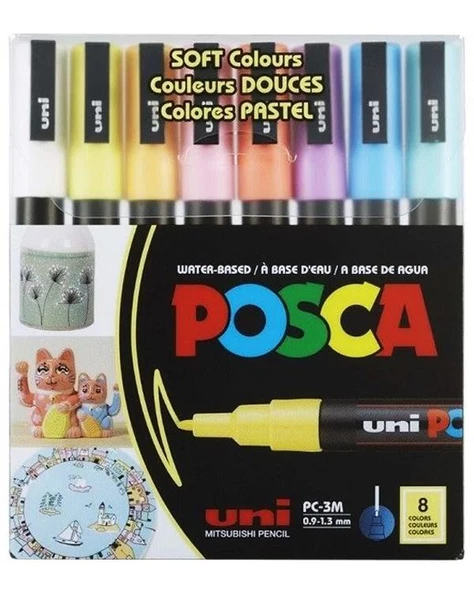 Uni Posca Su Bazlı Marker Seti 8li Pastel Renkler 0.9 1.3mm PC3M ürün görseli 1
