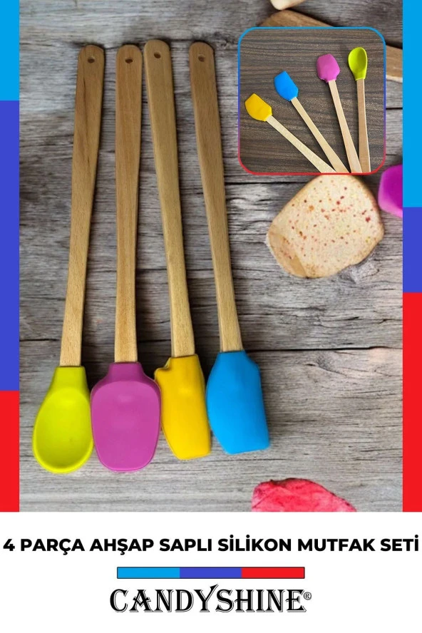 Çizmez Renkli Silikon Ahşap Saplı Silikon Uçlu Mutfak Seti Spatula Kaşık Seti ürün görseli 1